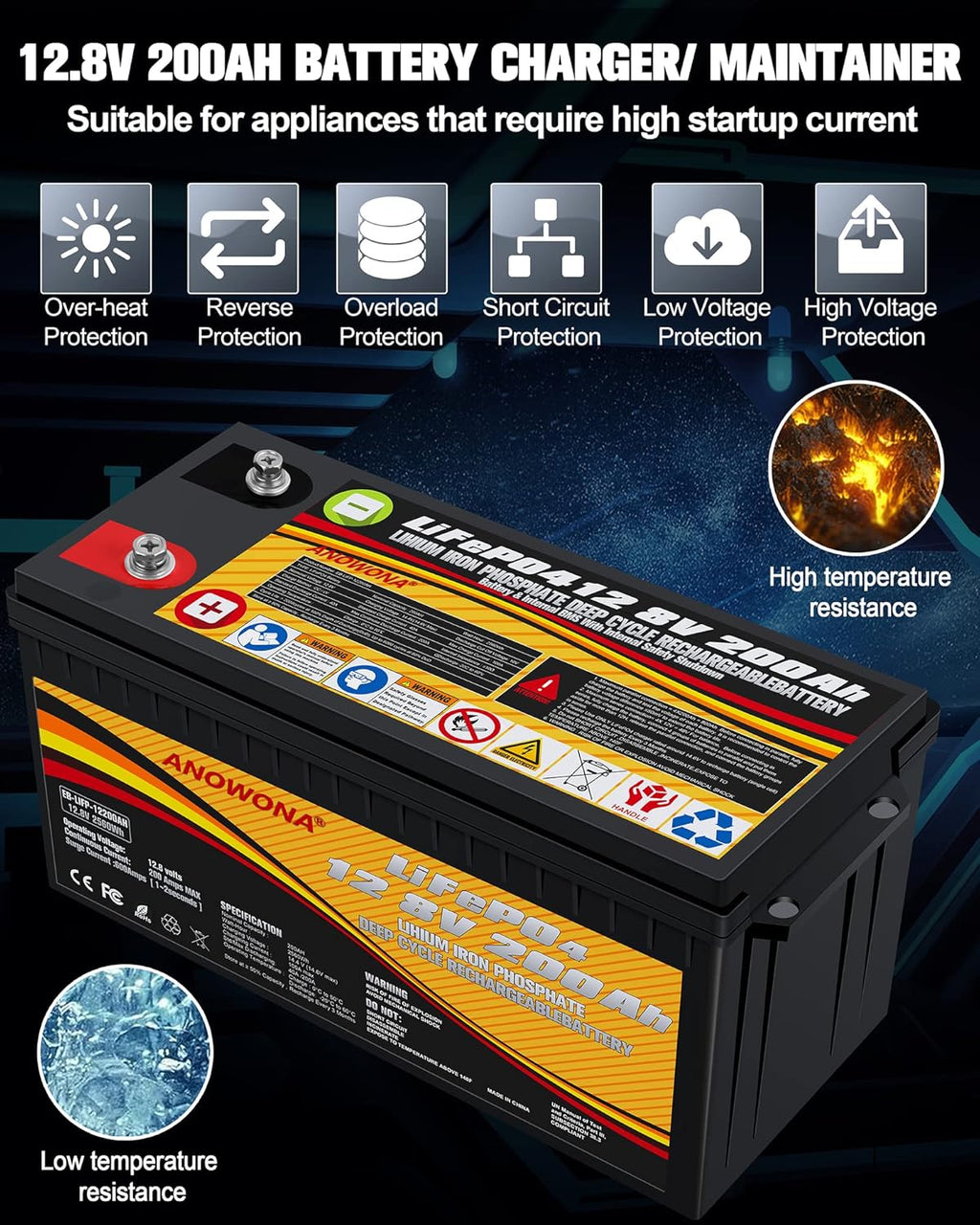 12.8V 200Ah Lithium Iron LiFePO4 Deep Cycle Battery with 100A BMS X663