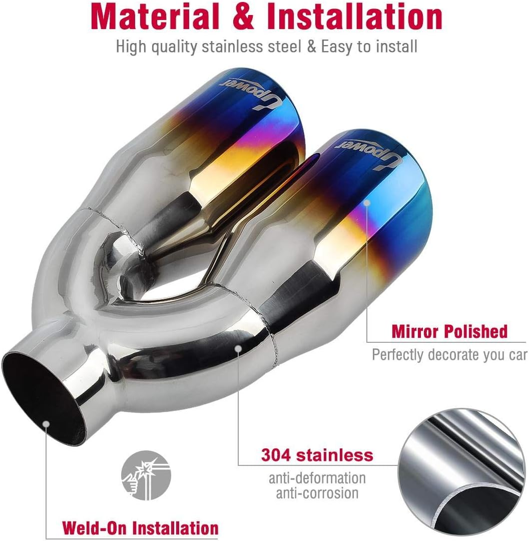 2.5 Inch Inlet 3.5 Inch Outlet Dual Exhaust Tips Stainless Steel Polished Blue Pack of 2 M539