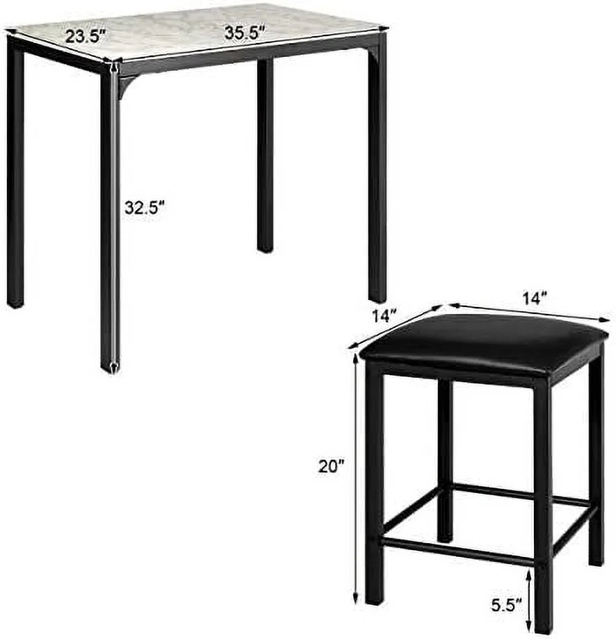 Black 3 Pieces Dining Table Set with Faux Marble Tabletop and PU Leather Stools C9628