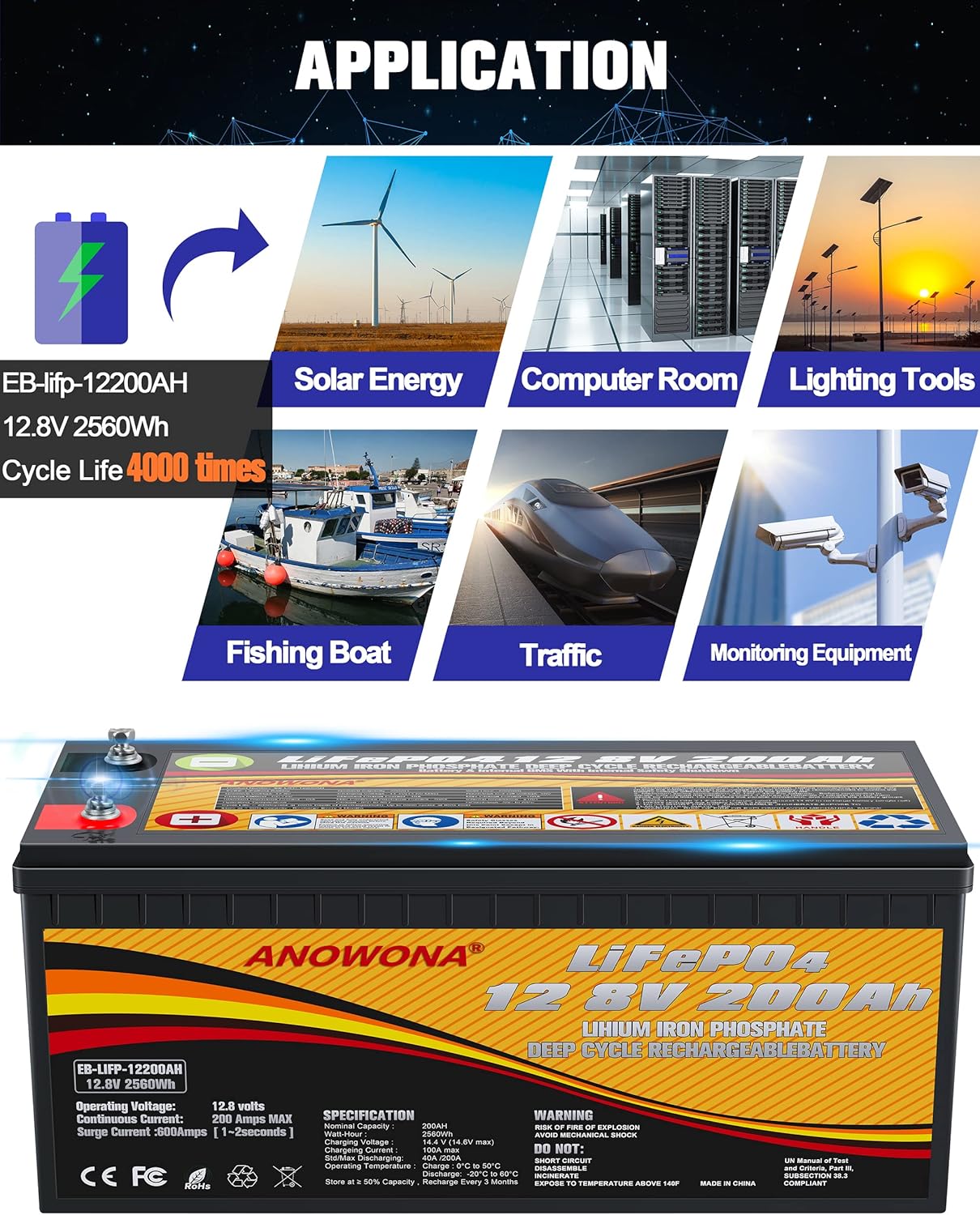 12.8V 200Ah Lithium Iron LiFePO4 Deep Cycle Battery with 100A BMS X663