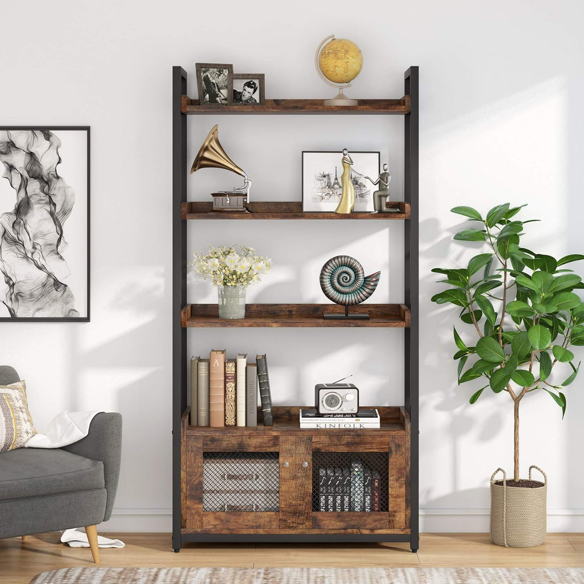 4-Tier Bookshelf with Doors and 2 Storage Cabinets L43347