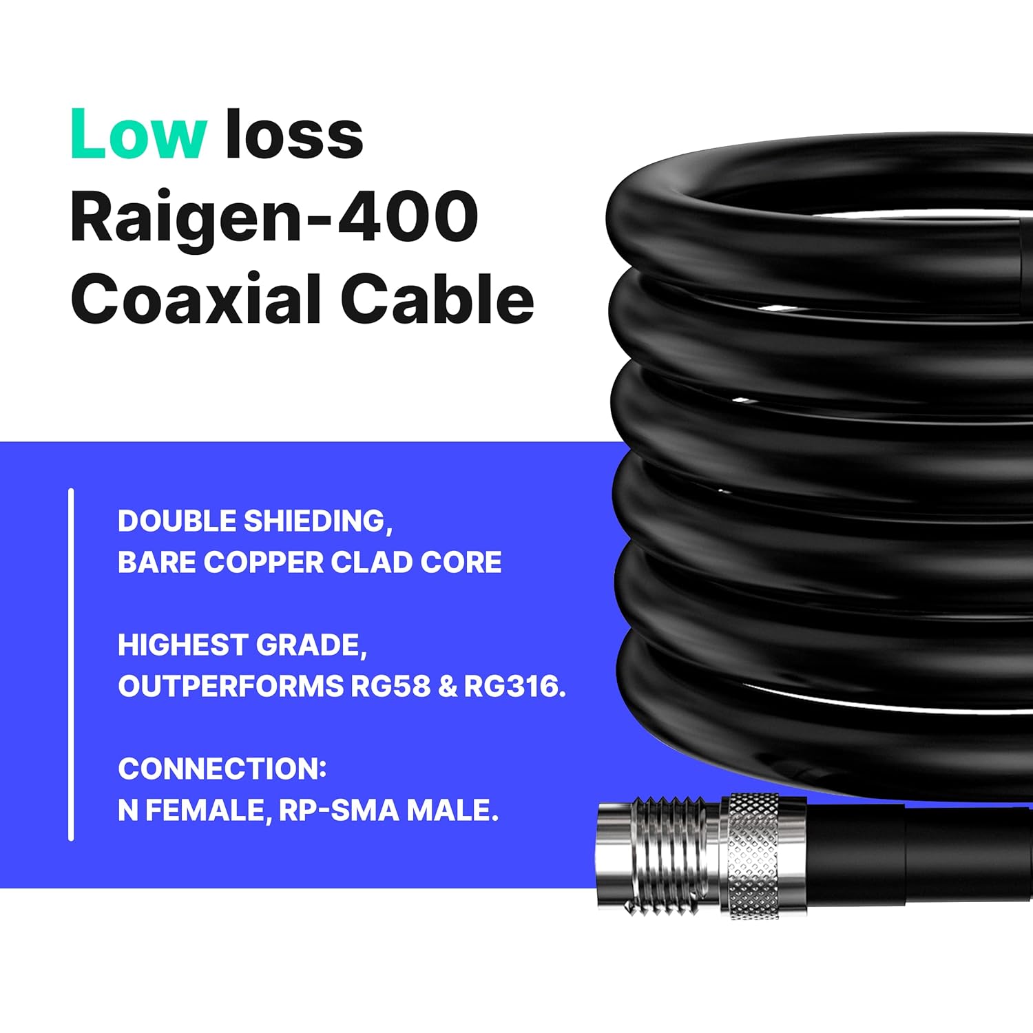 N Type Female to RP-SMA Male 75ft Low Loss Extension Cable G75985