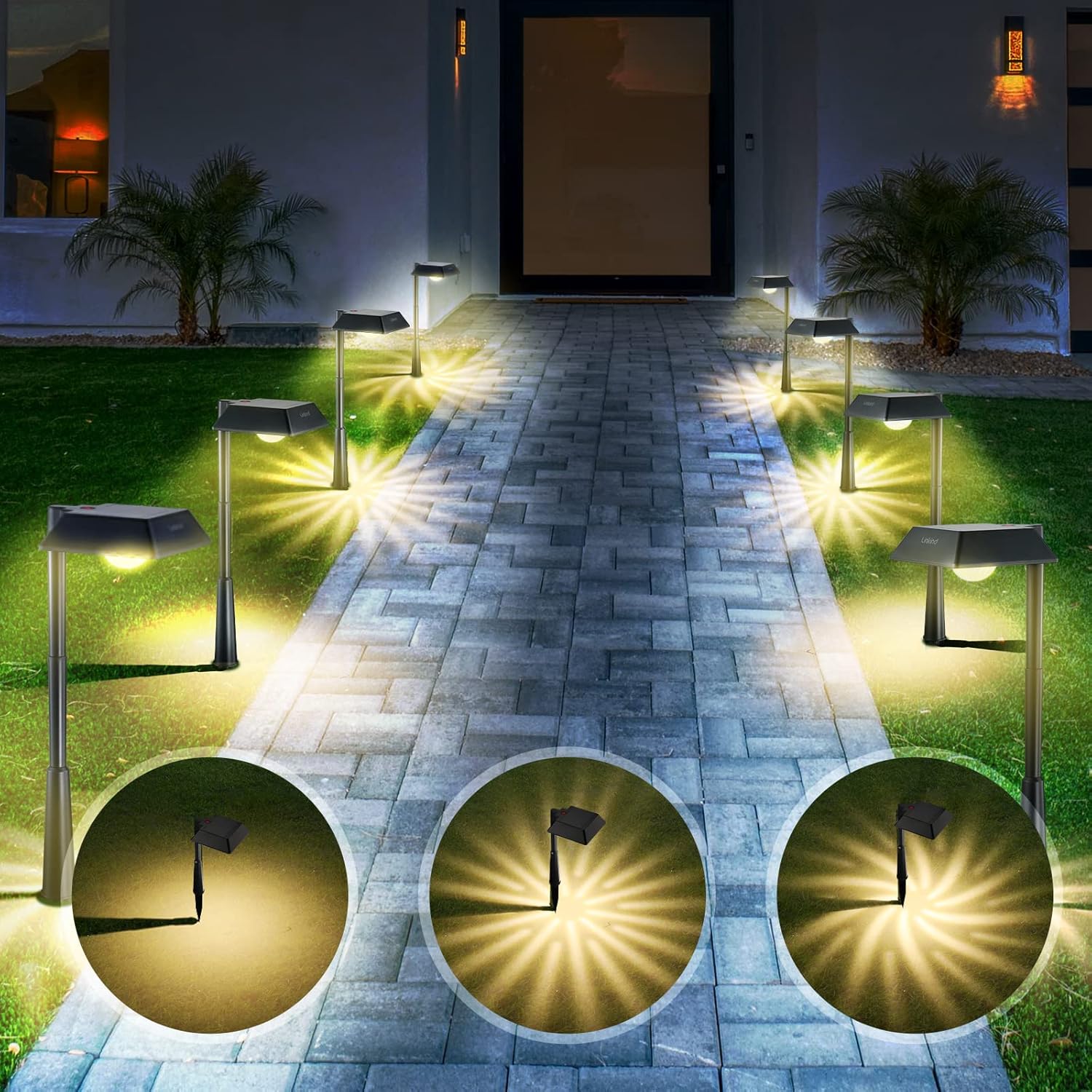 8 Pack 200 Lumen Solar Pathway LED Lights, Warm White, IP65 Waterproof Adjustable Stake Lights N608
