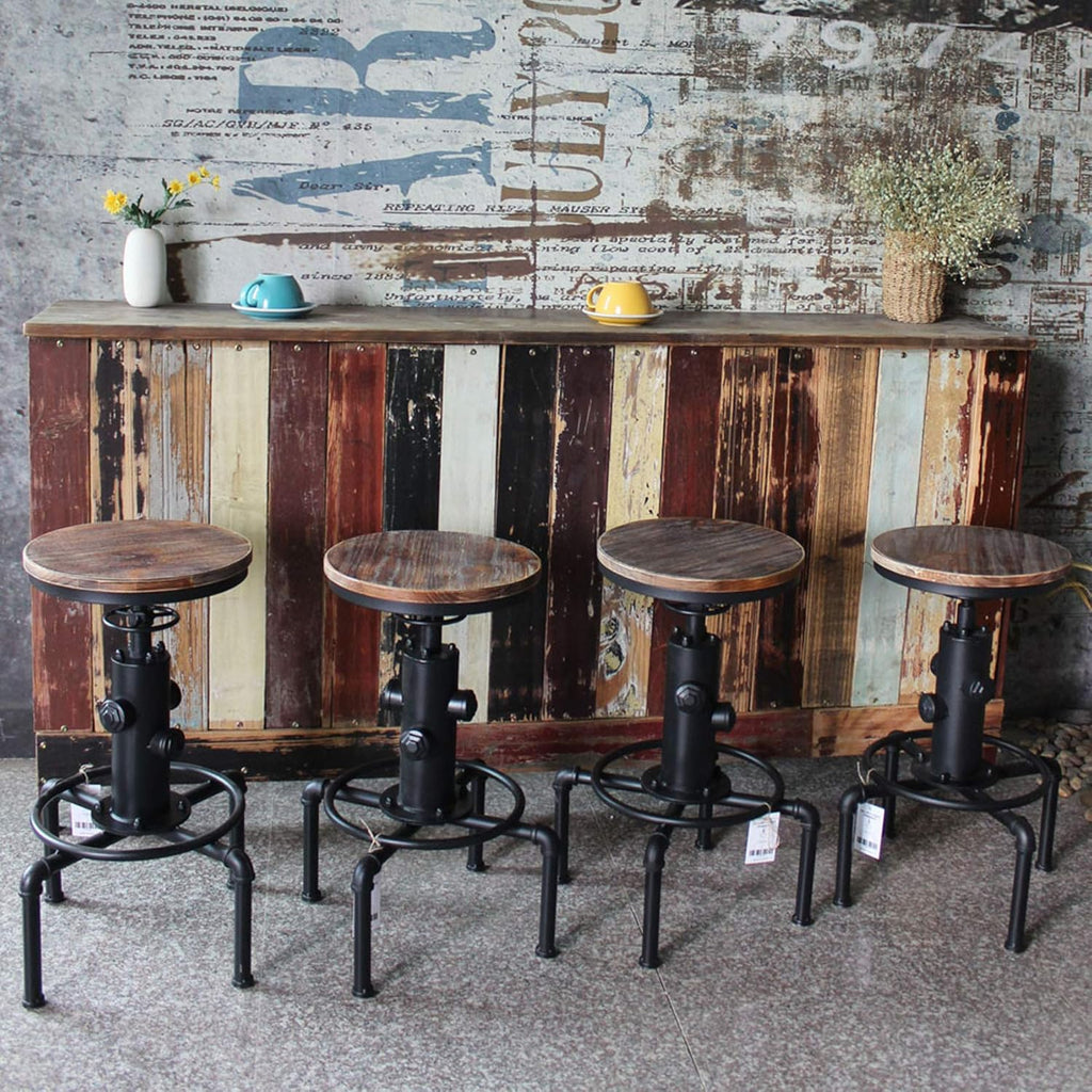 Black Solid Wood Adjustable Swivel Bar Stool Set of 2 T474