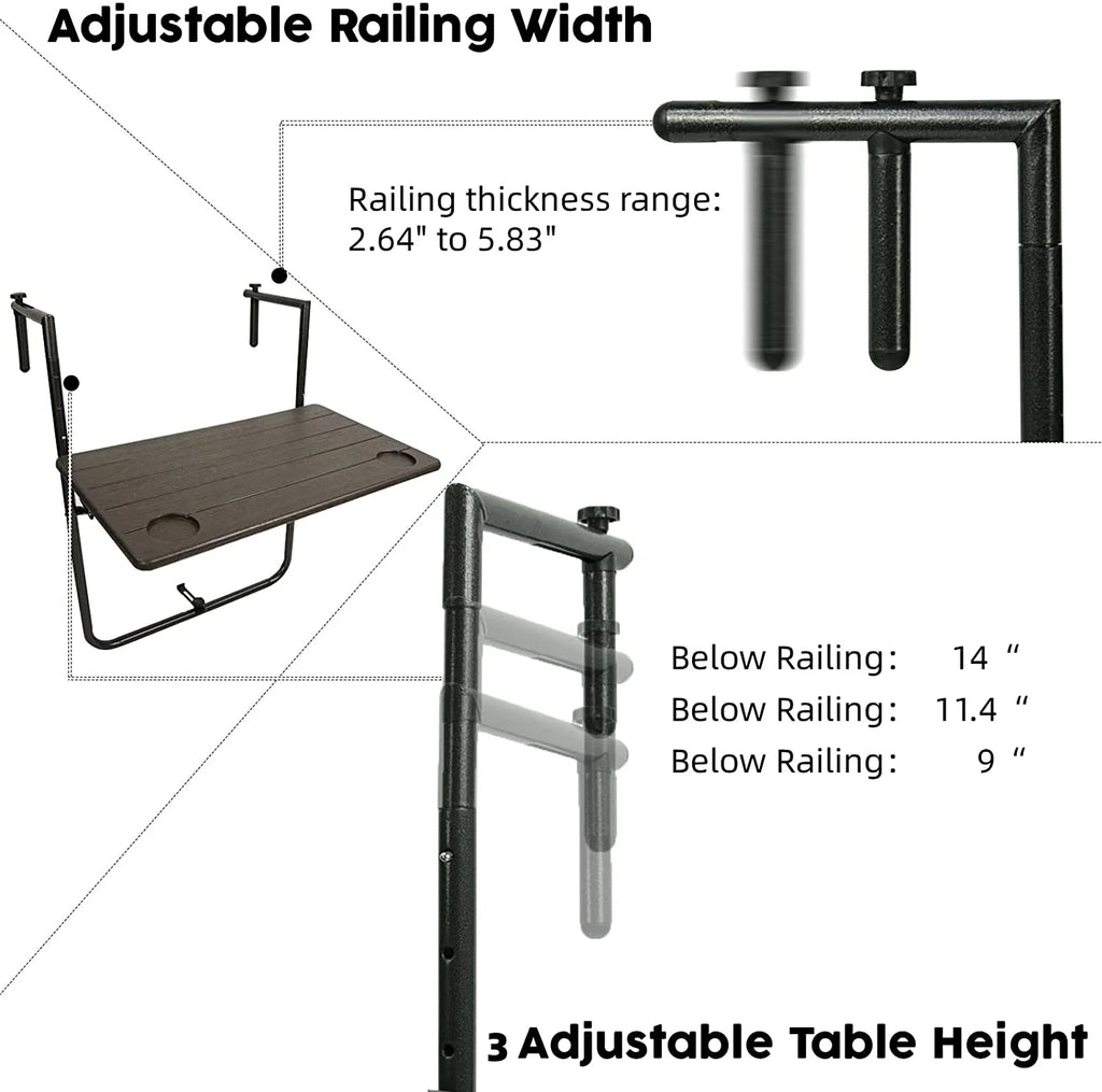 Folding Balcony Hanging Table, Outdoor Railing Bar Serving Table, Antique Wood Grain N956294