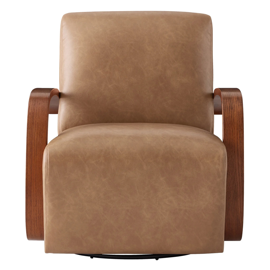 Cognac Brown & Walnut Swivel Accent Chair with U-shaped Wood Arm K65897