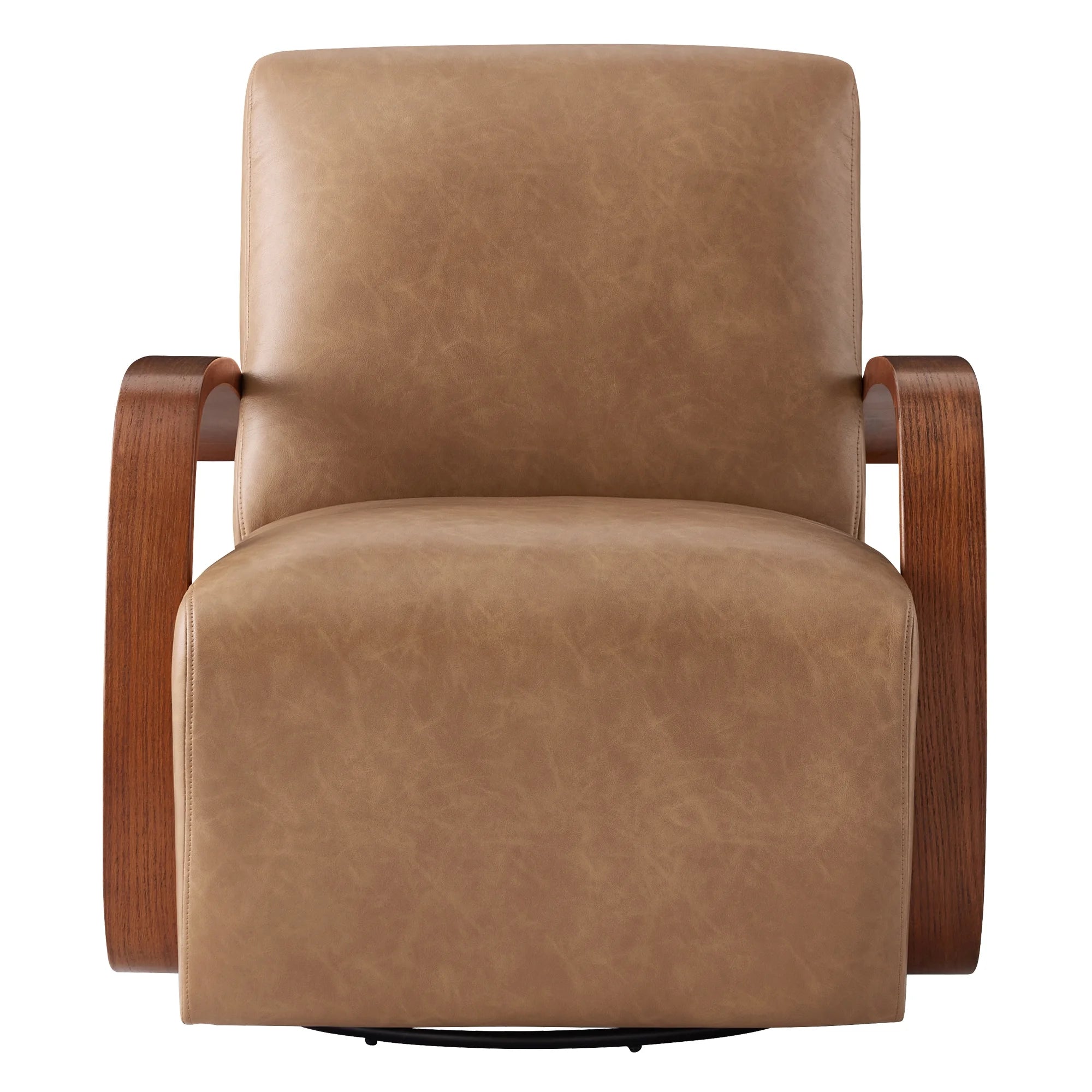 Cognac Brown & Walnut Swivel Accent Chair with U-shaped Wood Arm K65897
