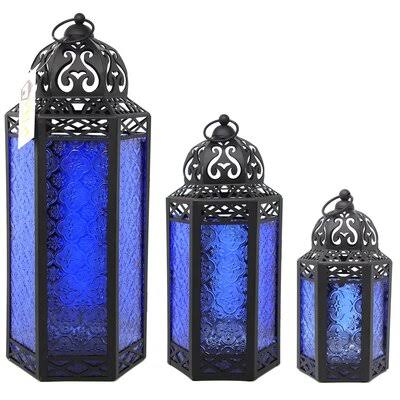 3-Piece Moroccan Tall Iron Lantern Set Cobalt N913