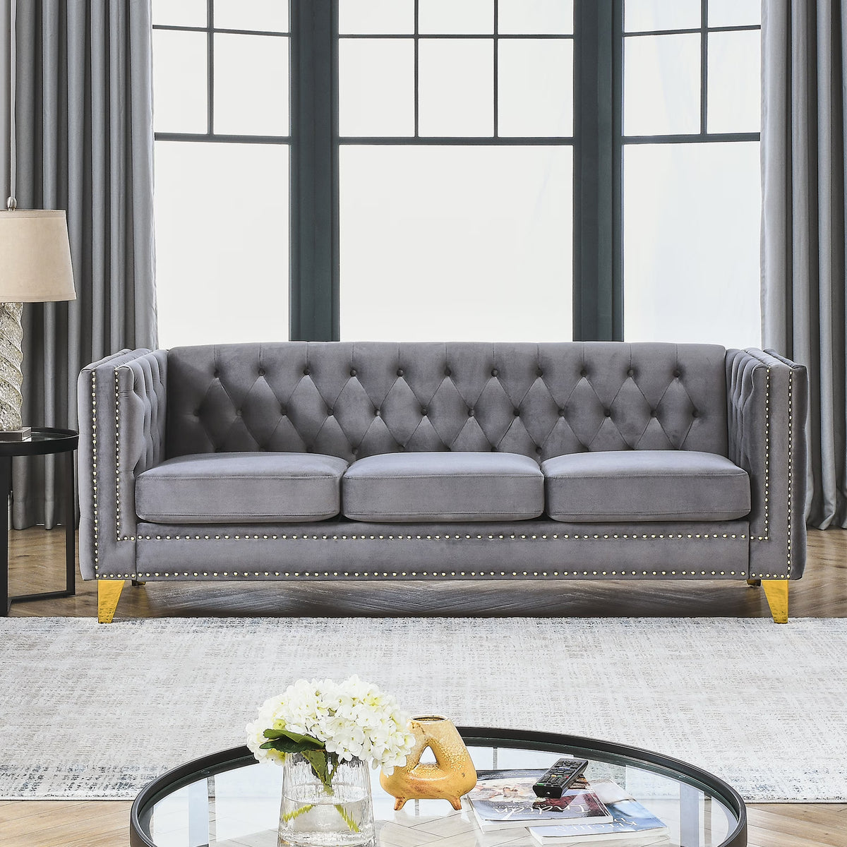 Grey Velvet Button Tufted Sofa with Metal Legs P87899