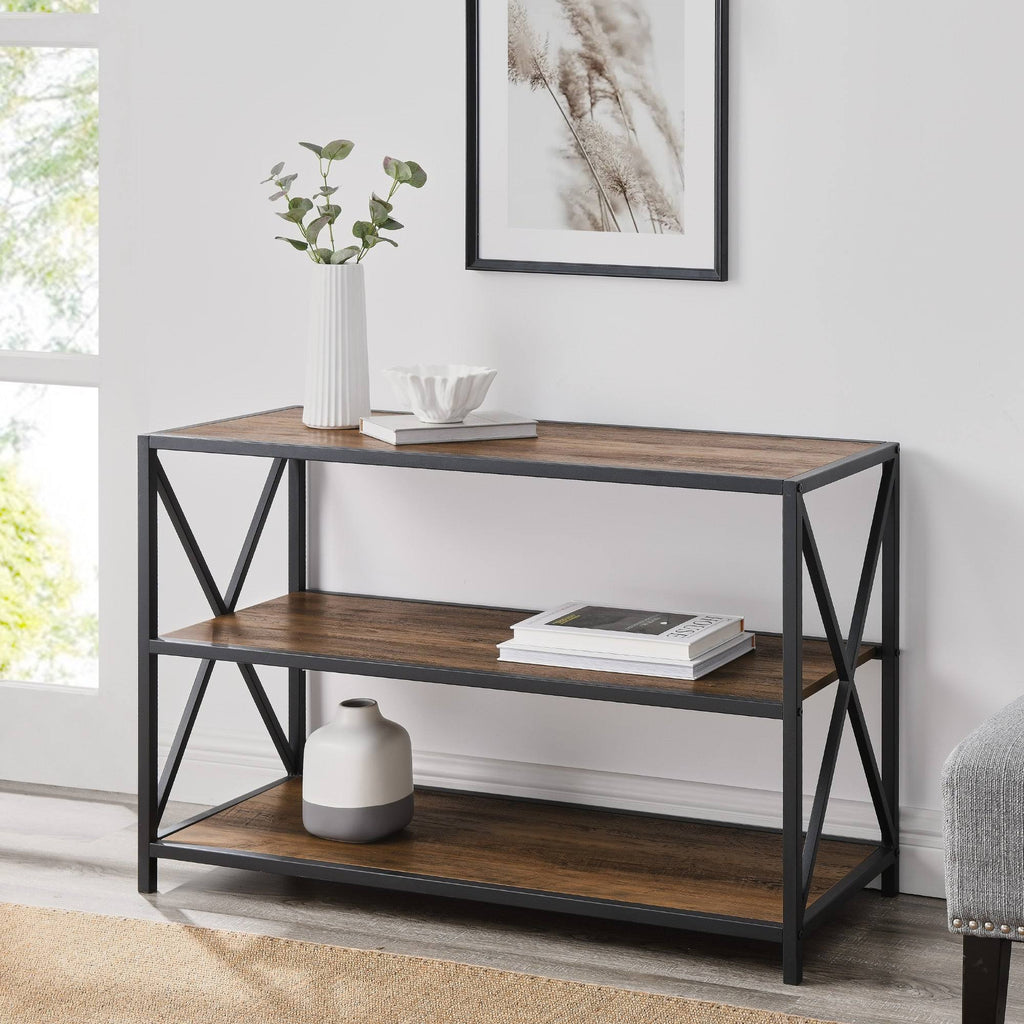 Rustic Oak / Black Metal X-Frame Bookshelf E84741