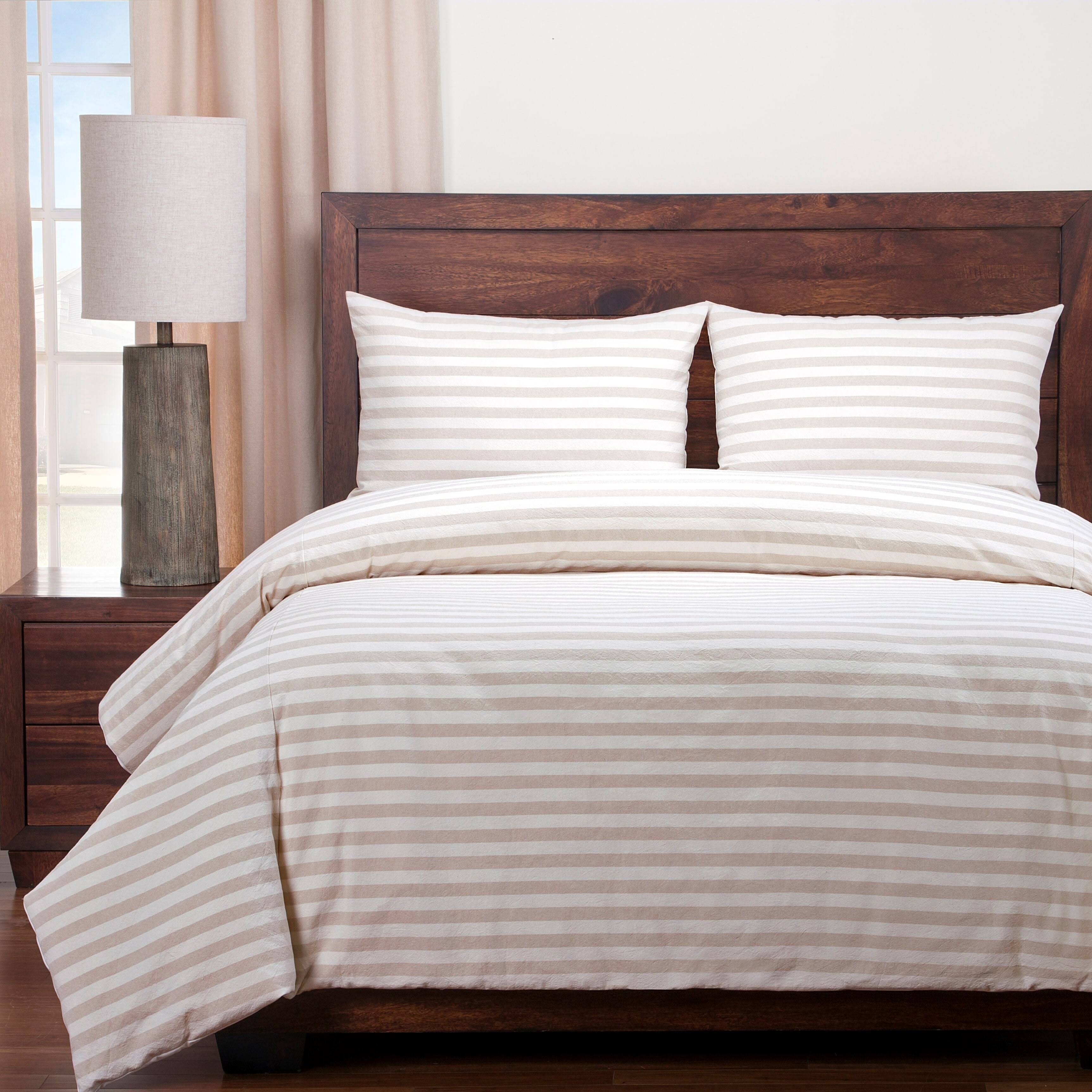 Cotton Blend Farmhouse Stripe Duvet and Shams Set (White/Tan - California King - 3 Piece) F332