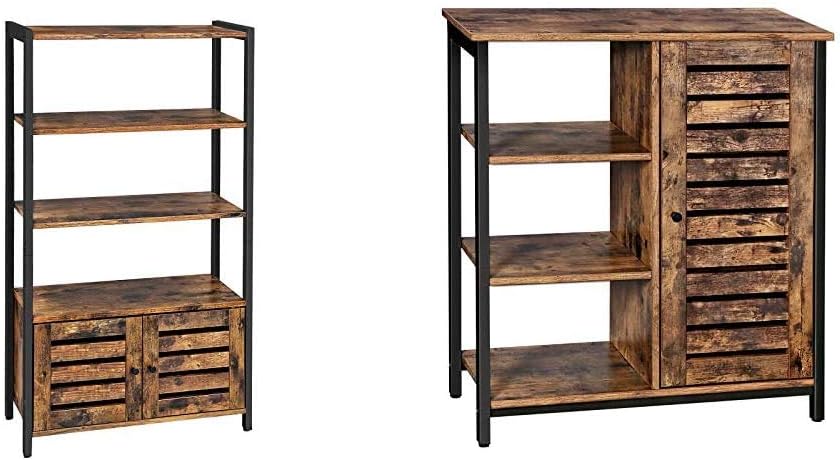 Rustic Brown Bookshelf with 3 Shelves and 2 Louvered Doors, Rustic Brown and Black Storage Cabinet D34101