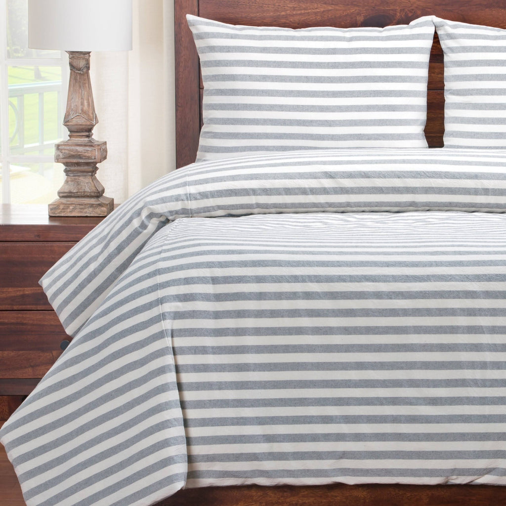 Cotton Blend Farmhouse Stripe Duvet and Shams Set (White/Tan - California King - 3 Piece) F332