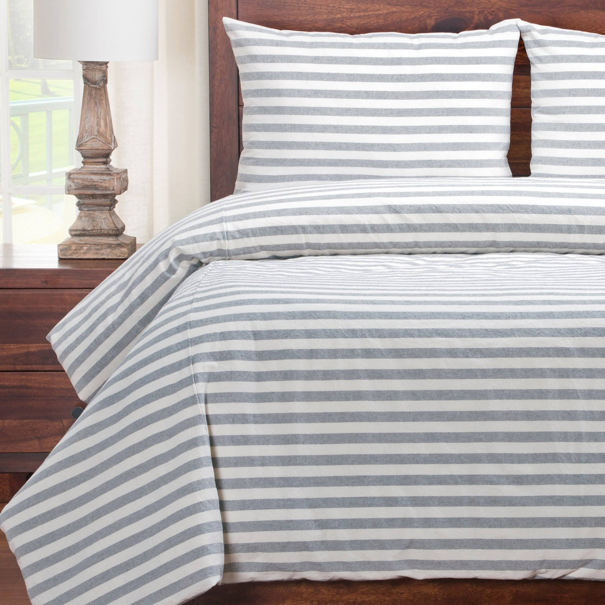 Cotton Blend Farmhouse Stripe Duvet and Shams Set (White/Tan - California King - 3 Piece) F332