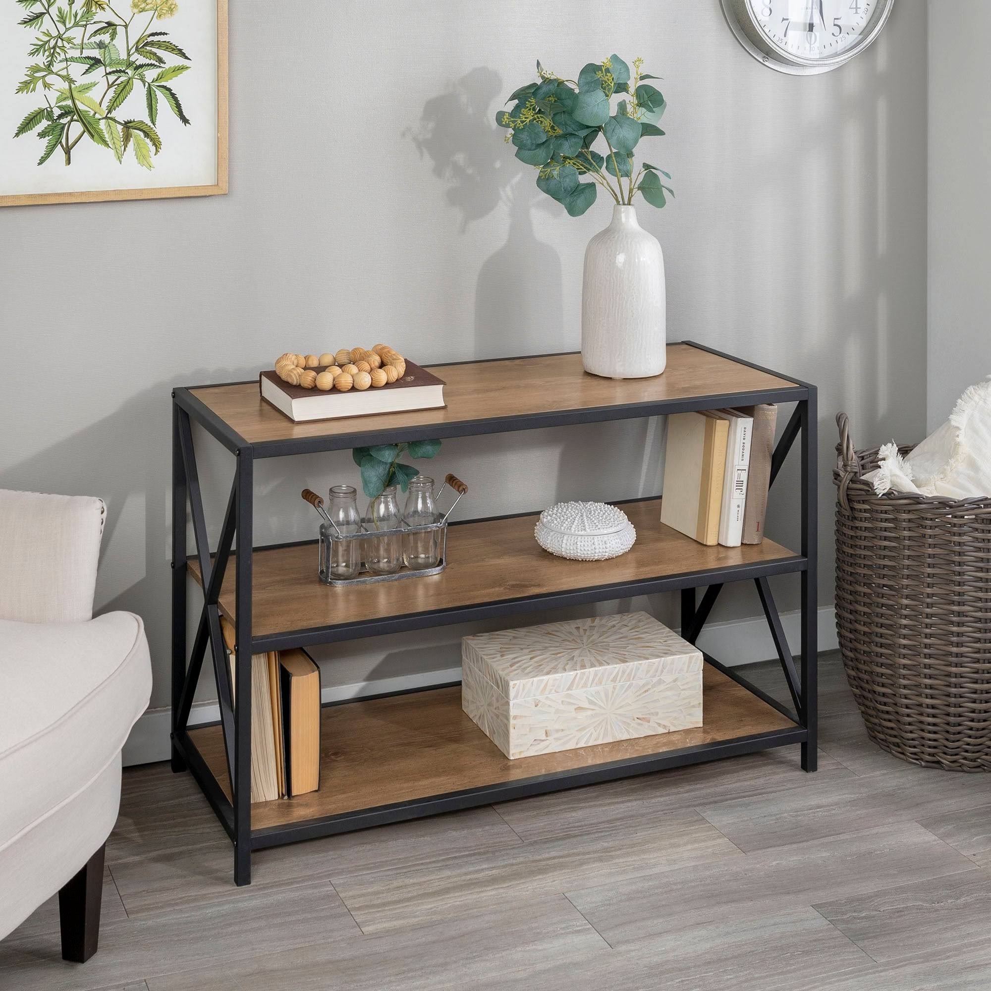 Rustic Oak / Black Metal X-Frame Bookshelf E84741