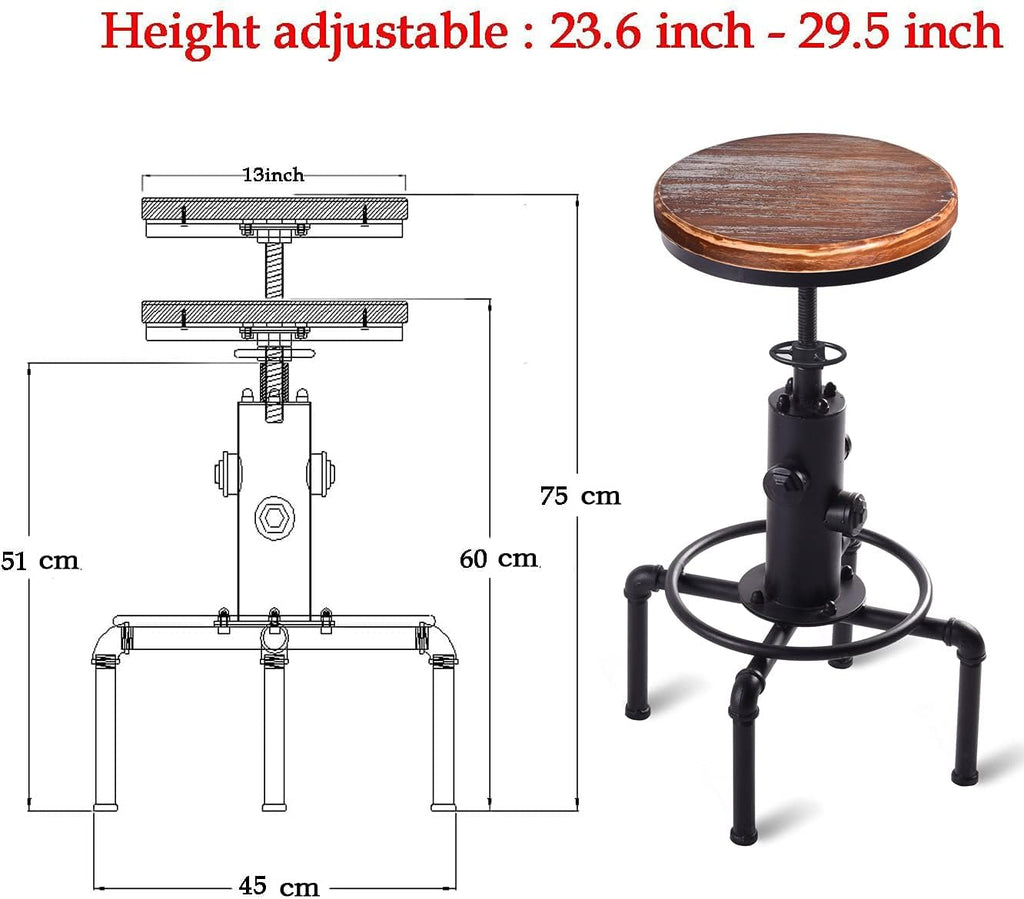 Black Solid Wood Adjustable Swivel Bar Stool Set of 2 T474
