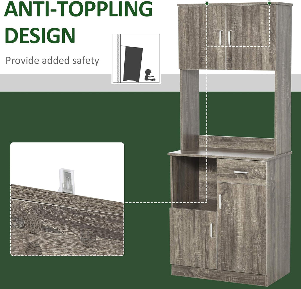 Grey Kitchen Buffet with Hutch Pantry Storage, 2 Cabinets, Adjustable Shelves S8392
