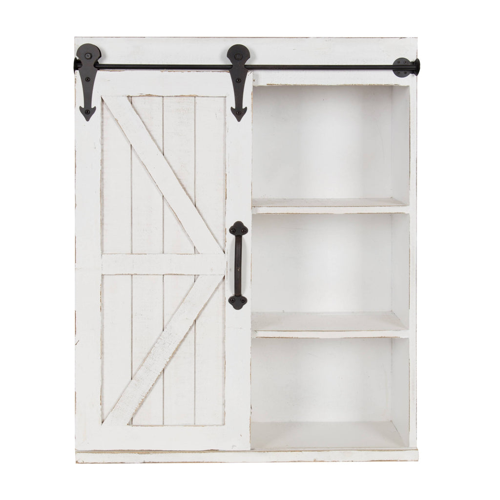 Rustic White Wood Wall Storage Cabinet with Sliding Barn Door P344