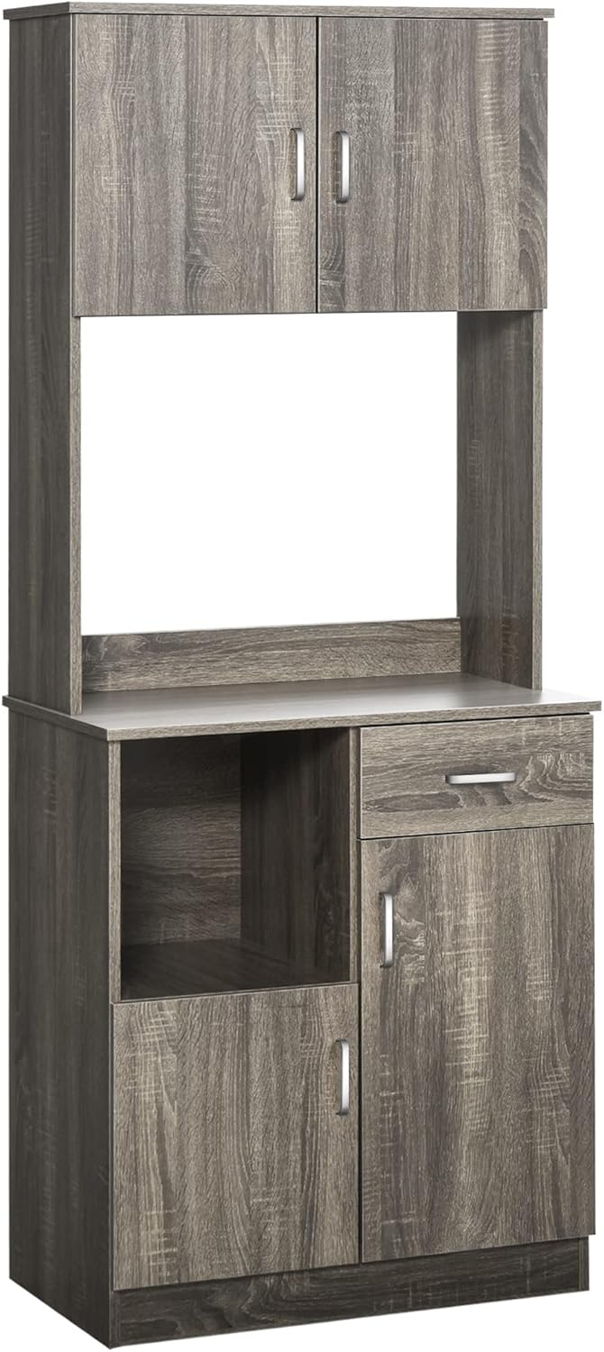 Grey Kitchen Buffet with Hutch Pantry Storage, 2 Cabinets, Adjustable Shelves S8392