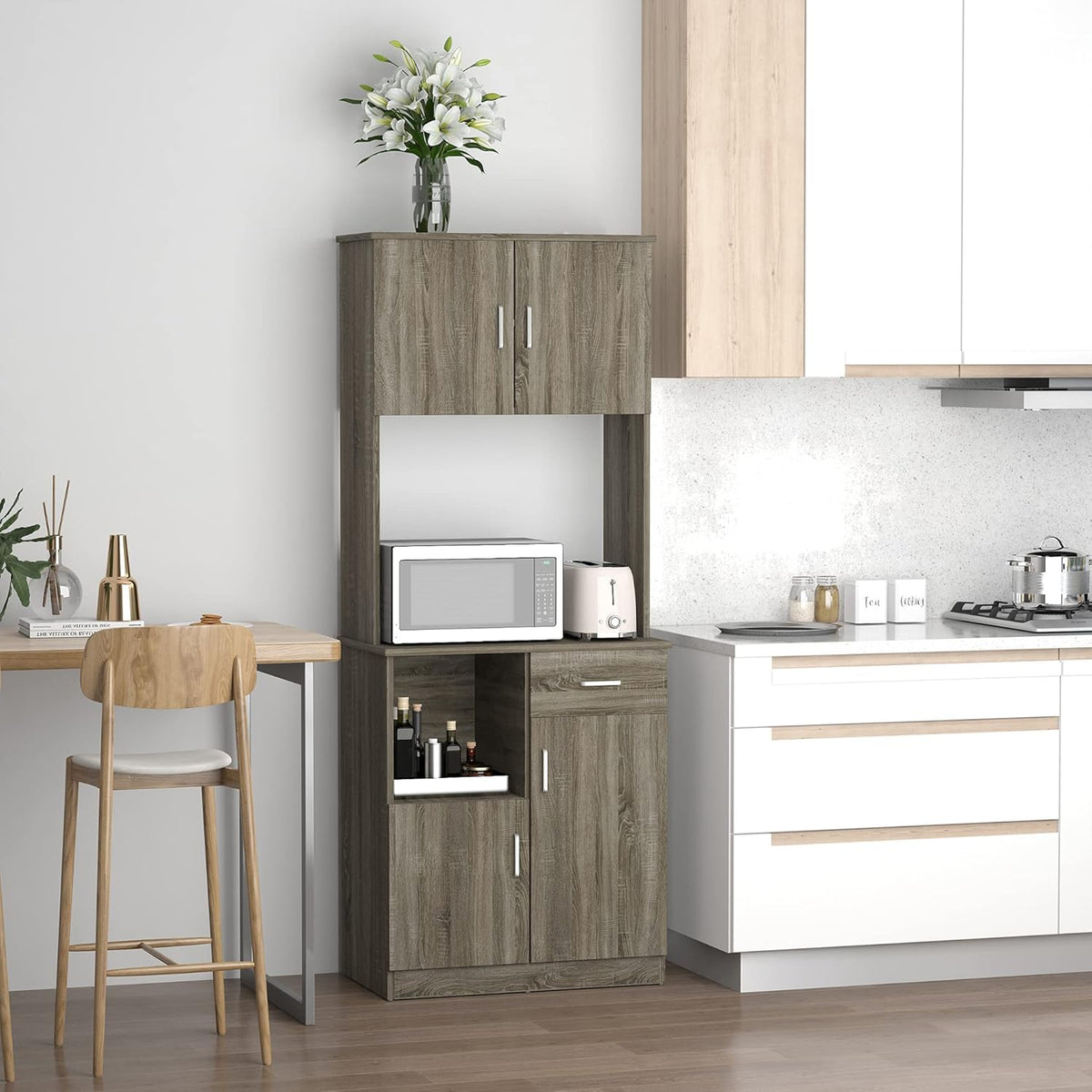 Grey Kitchen Buffet with Hutch Pantry Storage, 2 Cabinets, Adjustable Shelves S8392