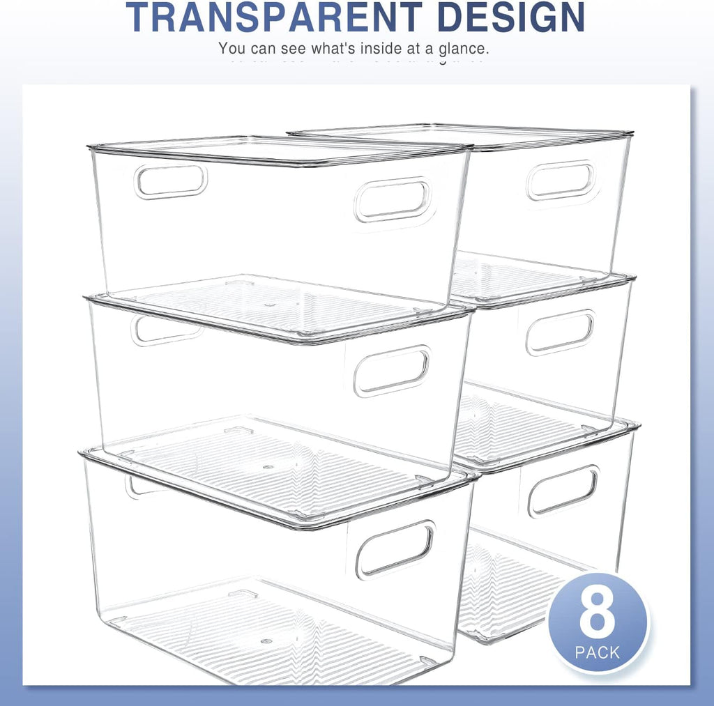 8 Pack Large Clear Fridge Organizer Bins with Lids and Handles E3603