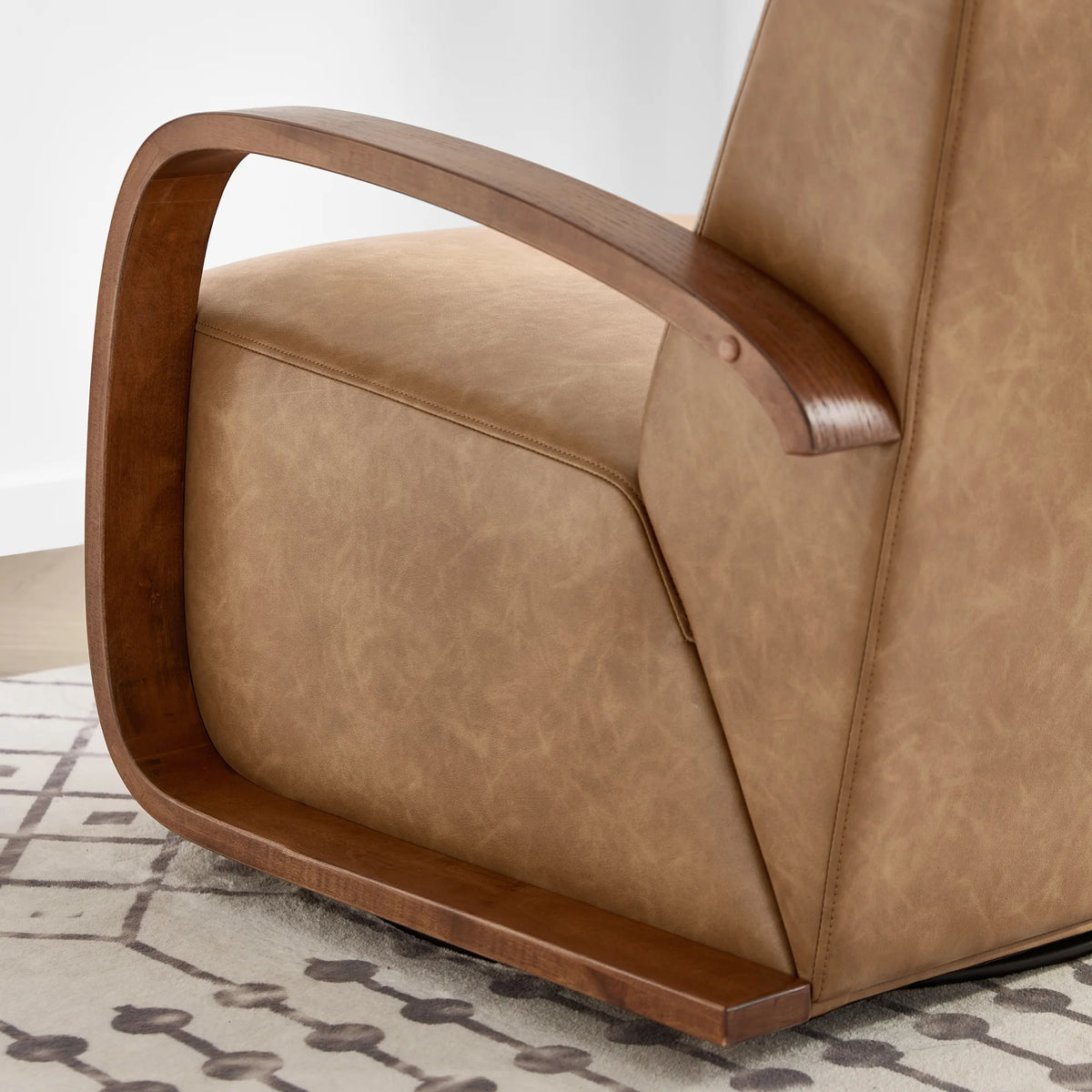 Cognac Brown & Walnut Swivel Accent Chair with U-shaped Wood Arm K65897