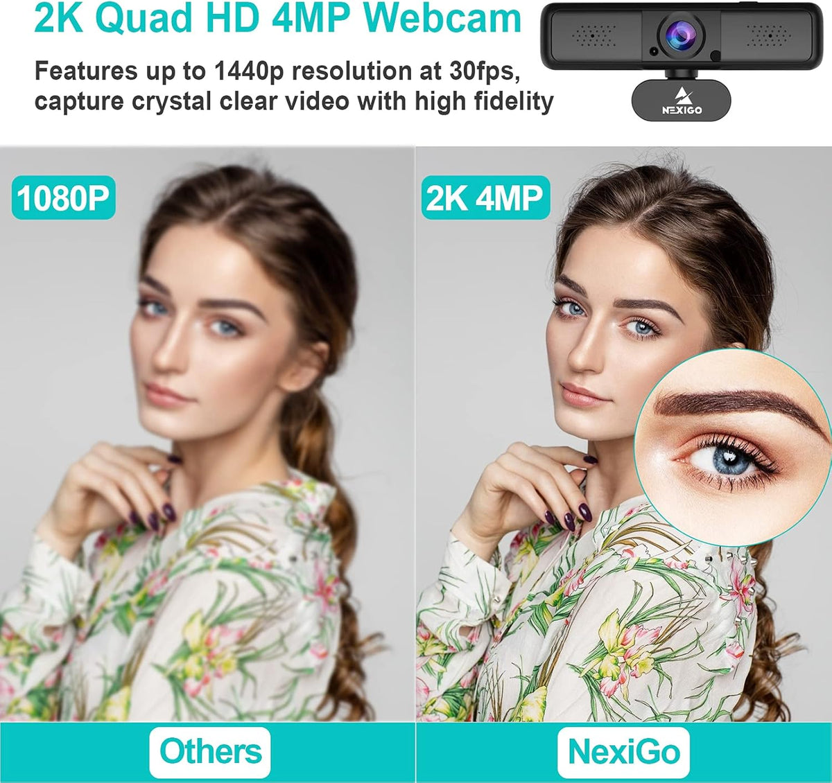 2K 4MP Zoomable Webcam with Privacy Cover & Dual Microphone J74950