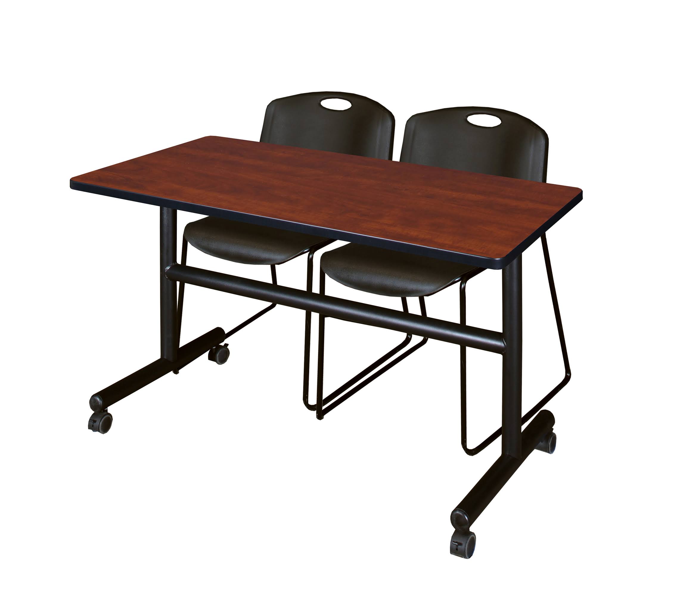 Mahogany Flip Top Mobile Training Table with 2 Stack Chairs X4238