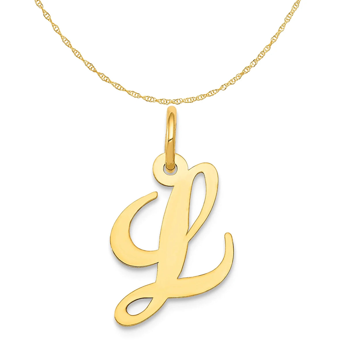 14K Yellow Gold Script Letter L Initial Pendant Charm with Rope Chain Necklace 20'' P9241