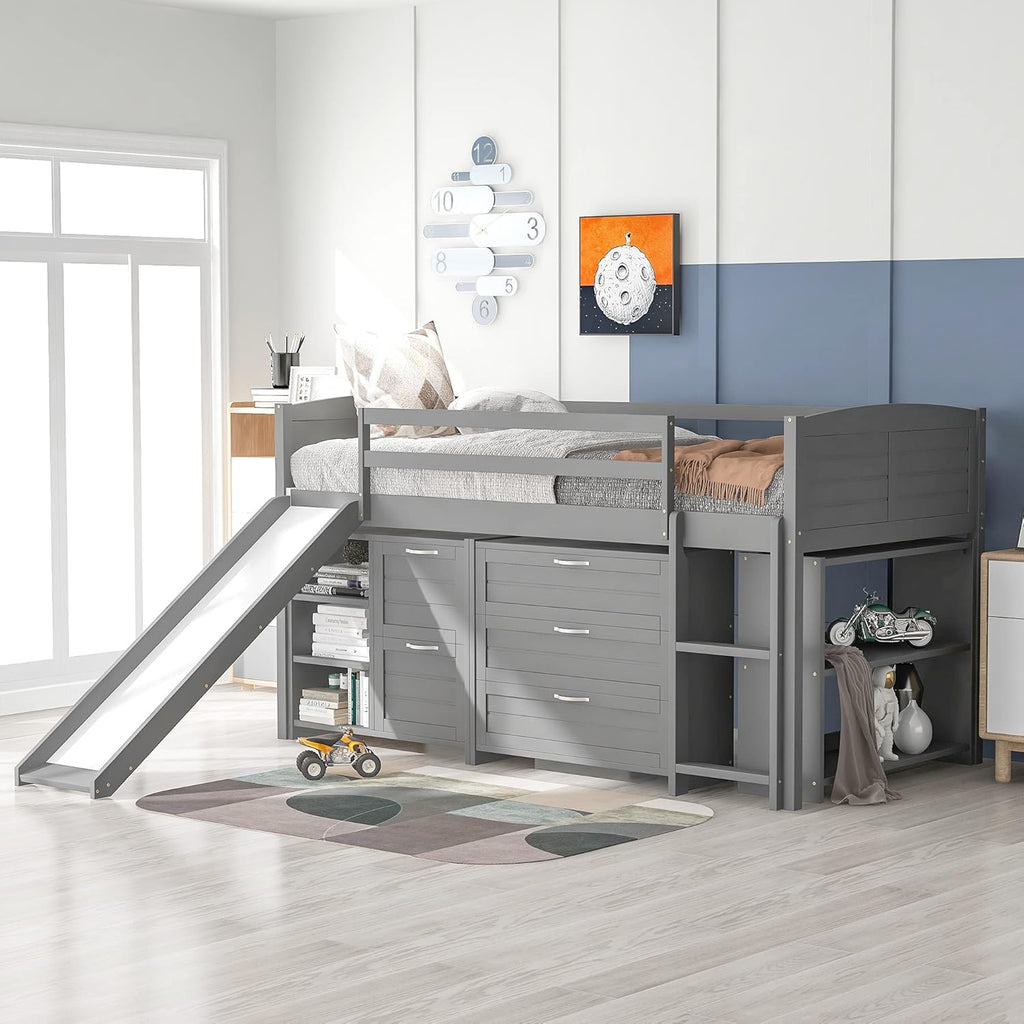 Grey Twin Loft Bed with Two Cabinets, Five Storage Drawers, Five Shelves, Ladder and Guardrail Z2249