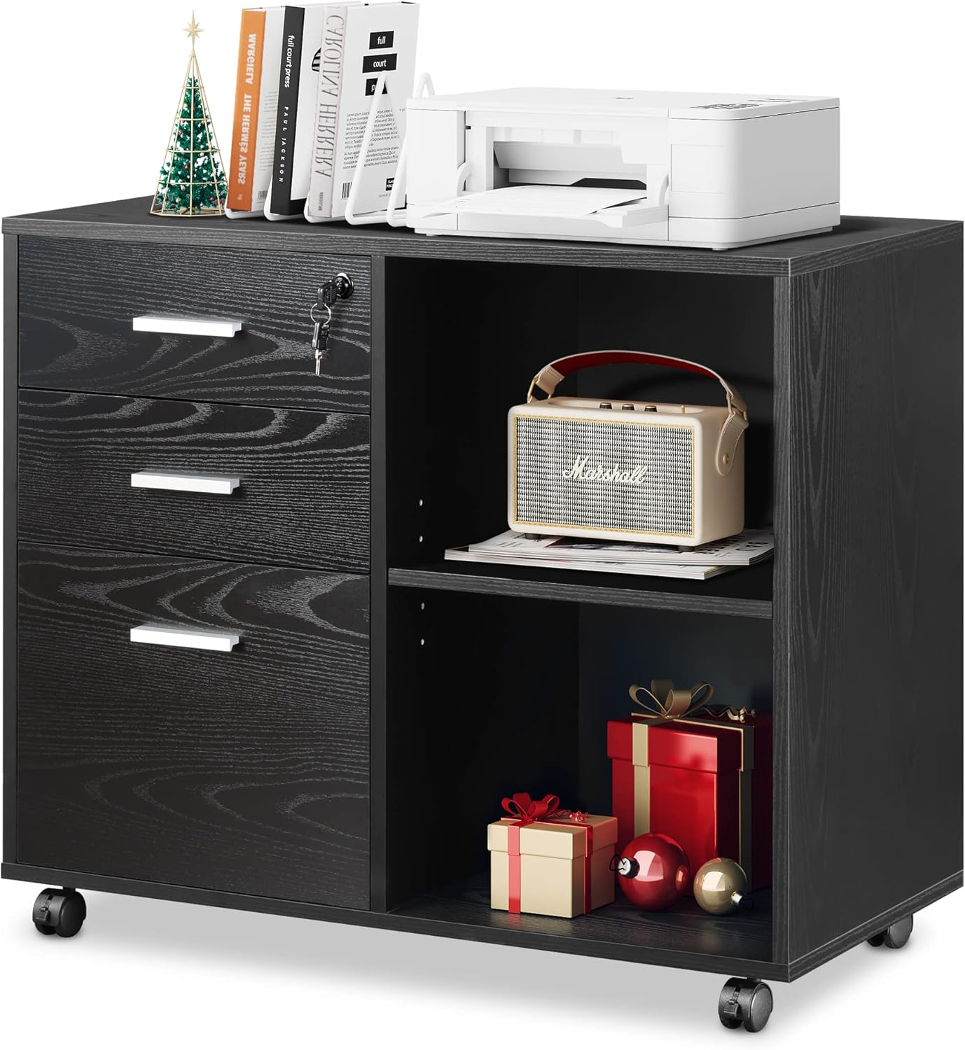 Black 3-Drawer Wood File Cabinet with Lock G1145