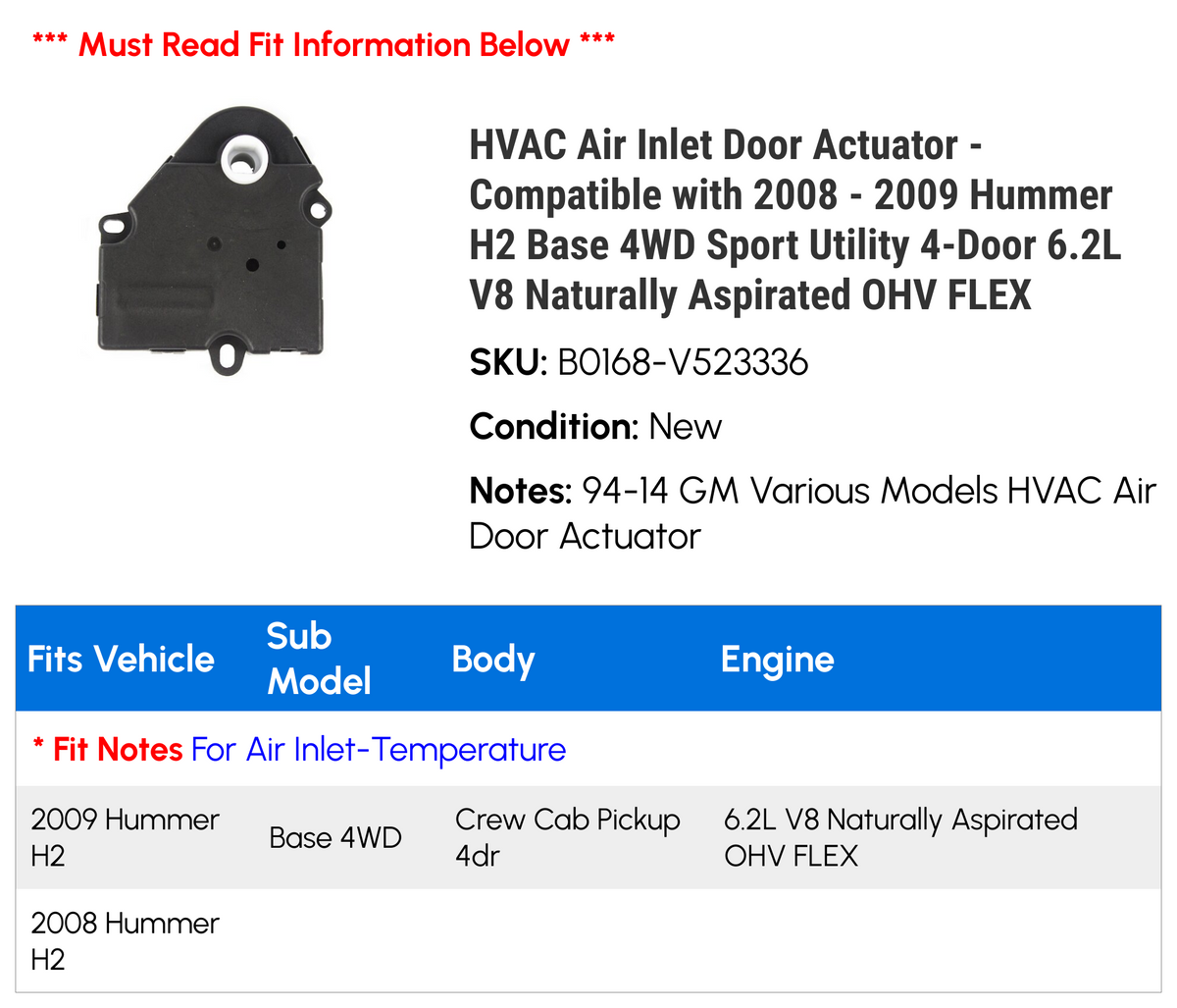 HVAC Air Inlet Door Actuator H612666