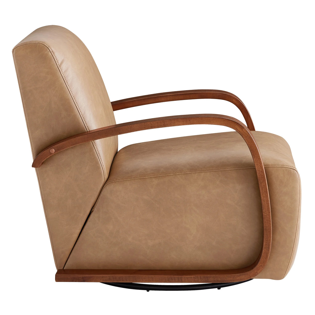 Cognac Brown & Walnut Swivel Accent Chair with U-shaped Wood Arm K65897