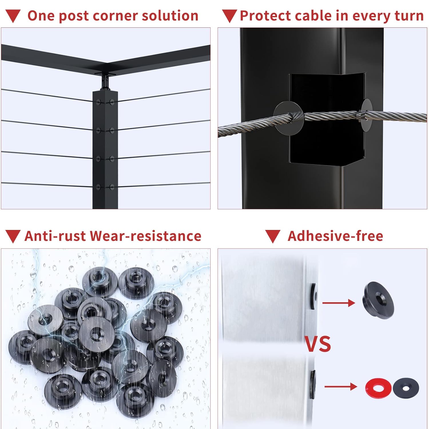 Black Cable Railing Kit 1/8 Sleeves Washer Insert Plug for Wire Rope Metal Posts T316 Stainless Steel Deck Balcony S469