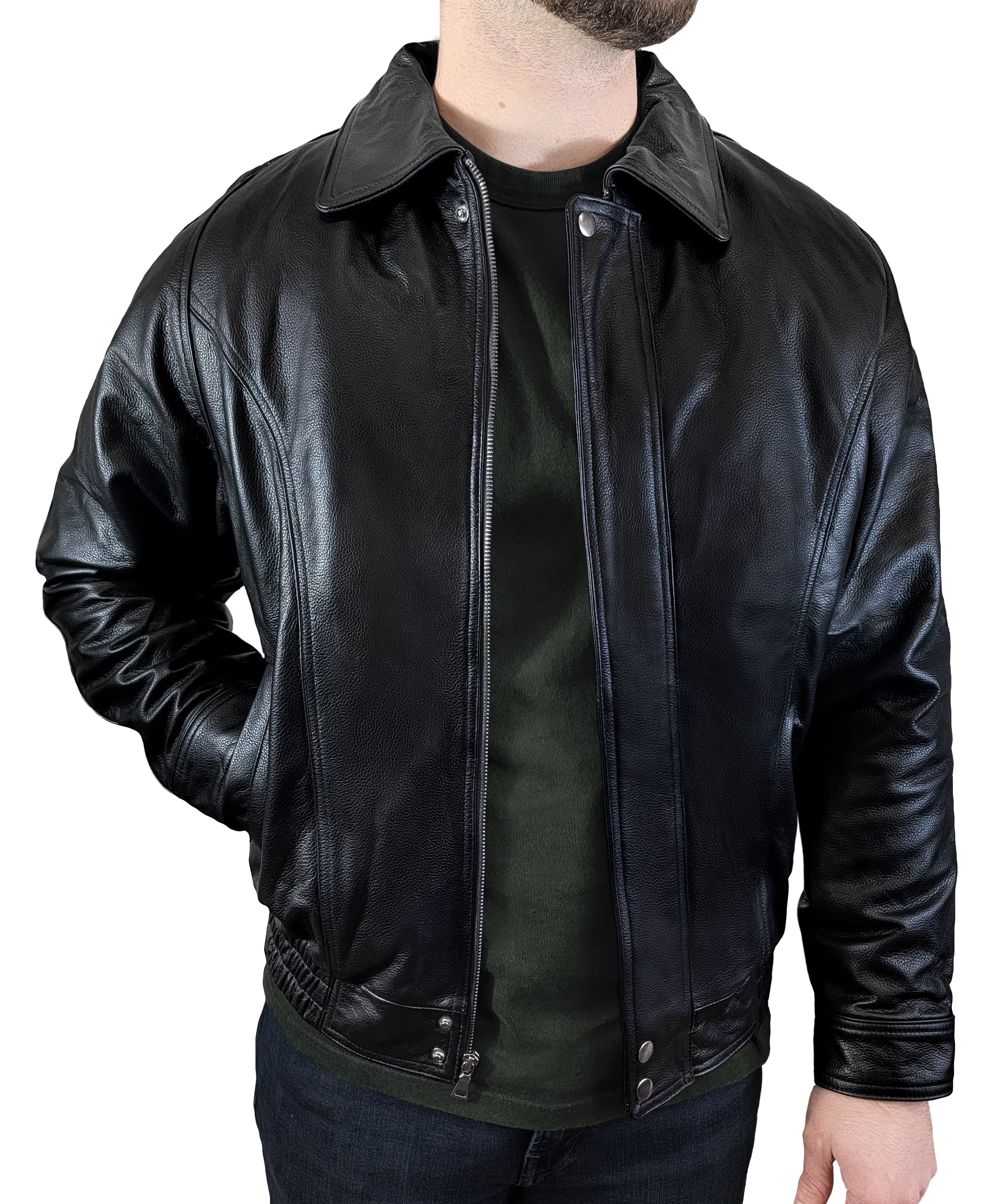 Black Genuine Leather Bomber Jacket U71322