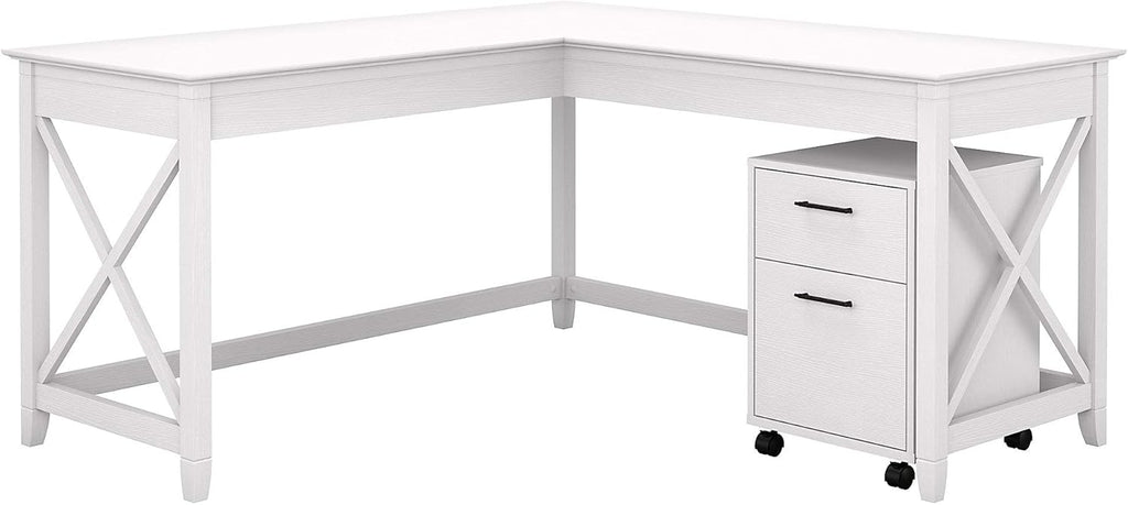 60W L Shaped Desk with 2 Drawer Mobile File Cabinet, Pure White Oak W178536