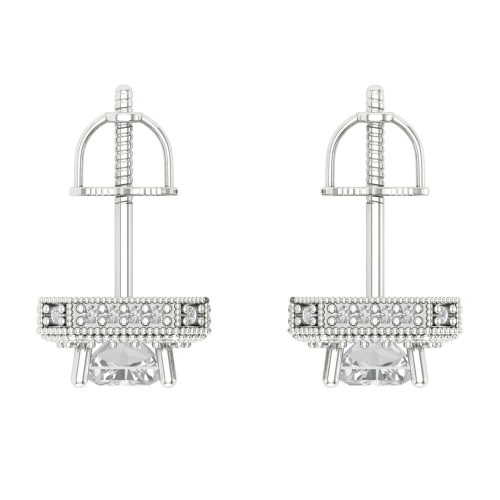 18K White Gold Emerald Cut Halo Stud Earrings D896