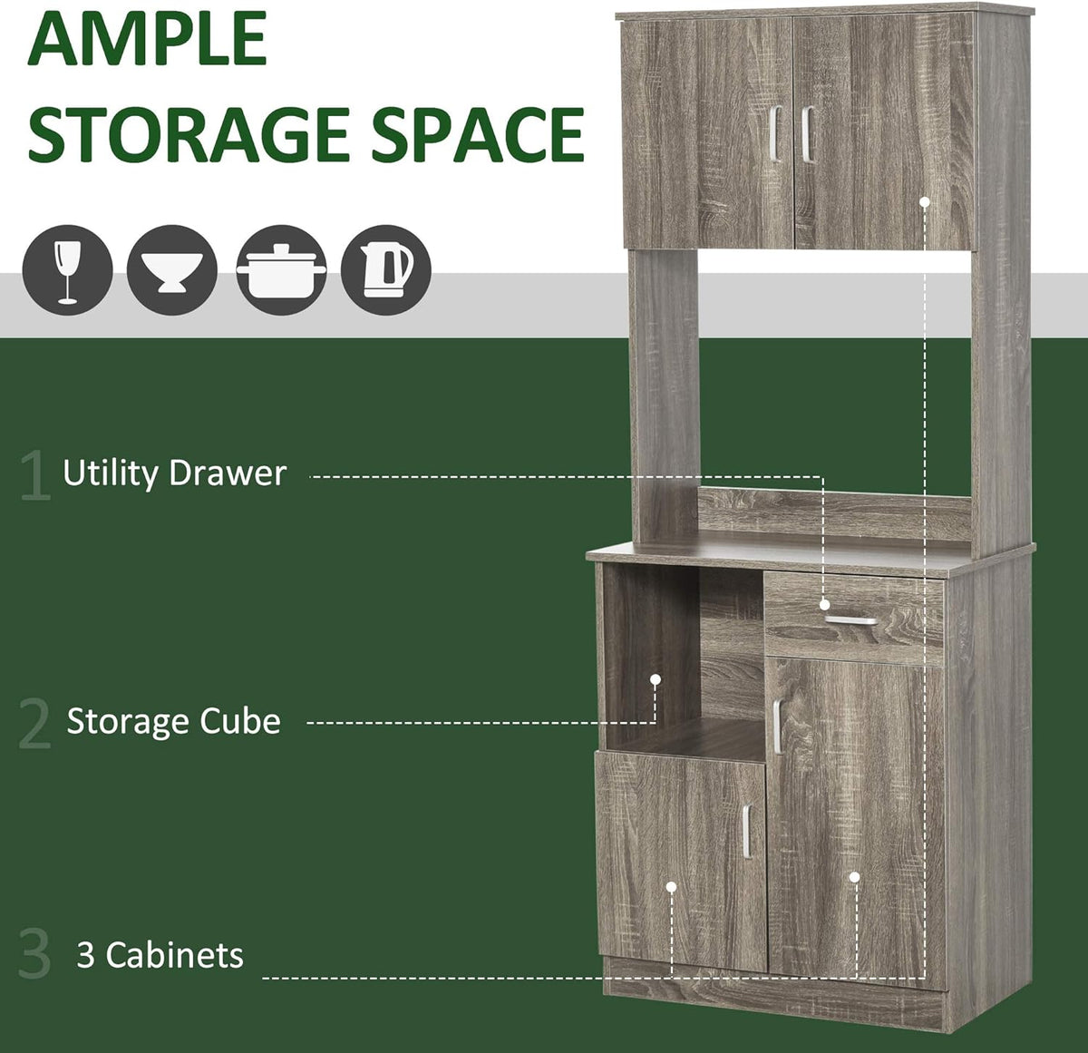 Grey Kitchen Buffet with Hutch Pantry Storage, 2 Cabinets, Adjustable Shelves S8392
