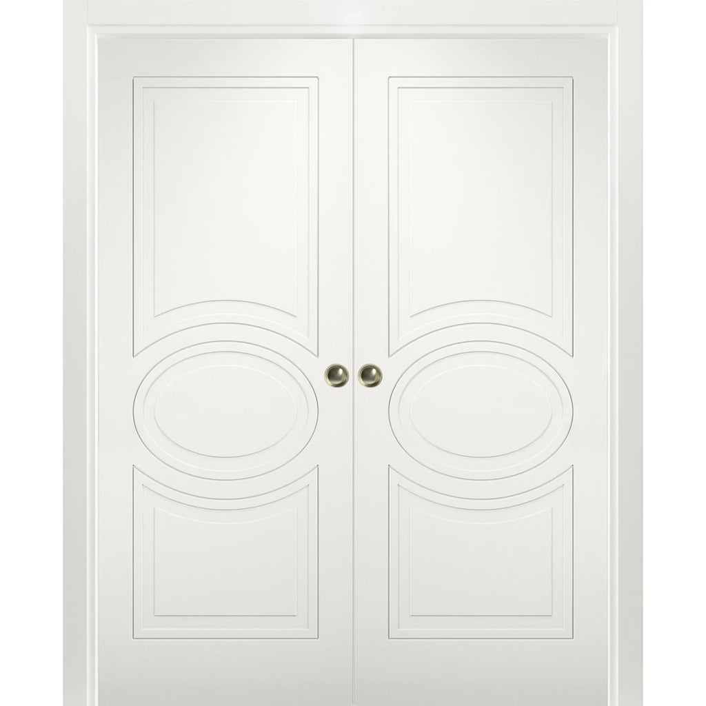 Matte White MDF Sliding French Double Pocket Doors with Kit Rail Hardware N323