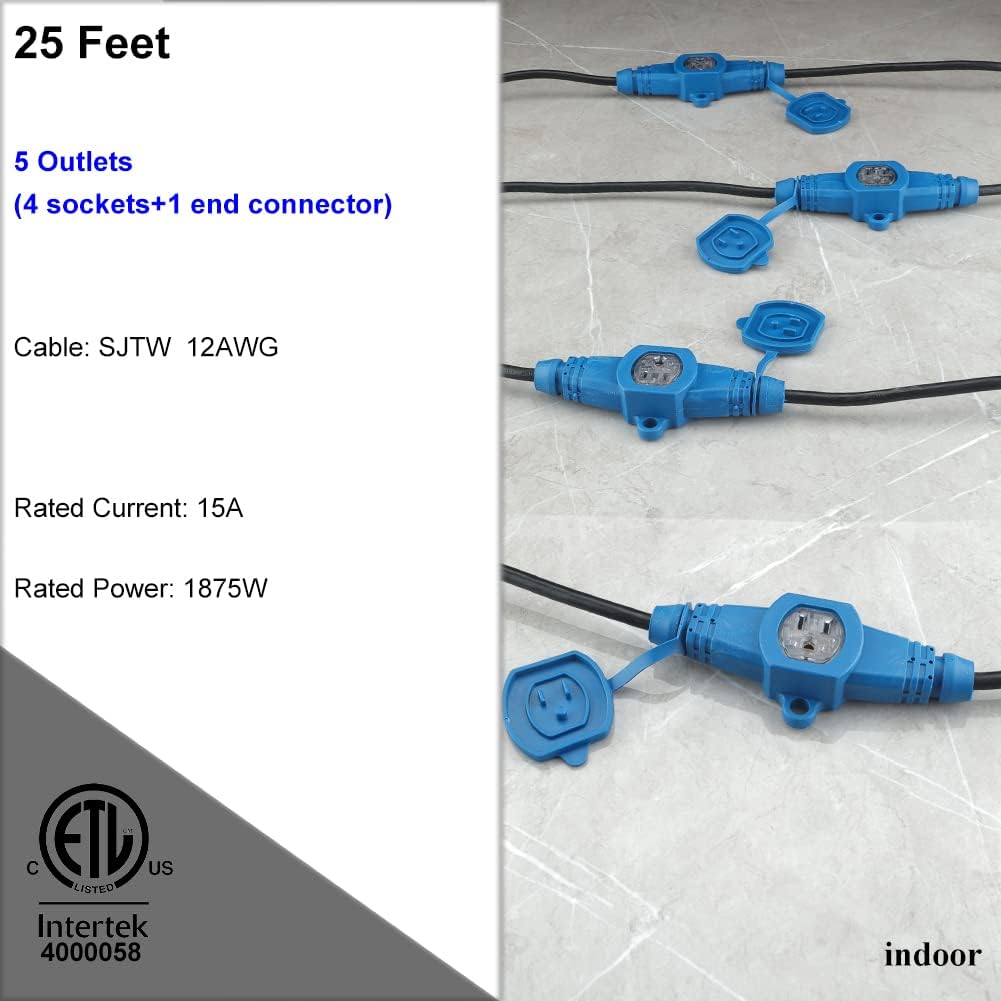 25 Feet Multi Outlet Extension Cord, 5 Outlets, 12 Gauge, Pack of 2 A2962