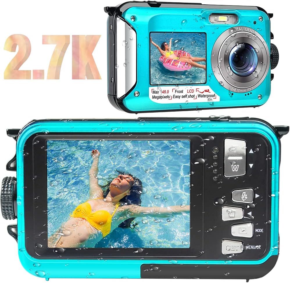 Green 48MP Waterproof Digital Camera 2.7K Video Dual Screen 16X Digital Zoom Flashlight 10 Feet Waterproof Pack of 2 M5723