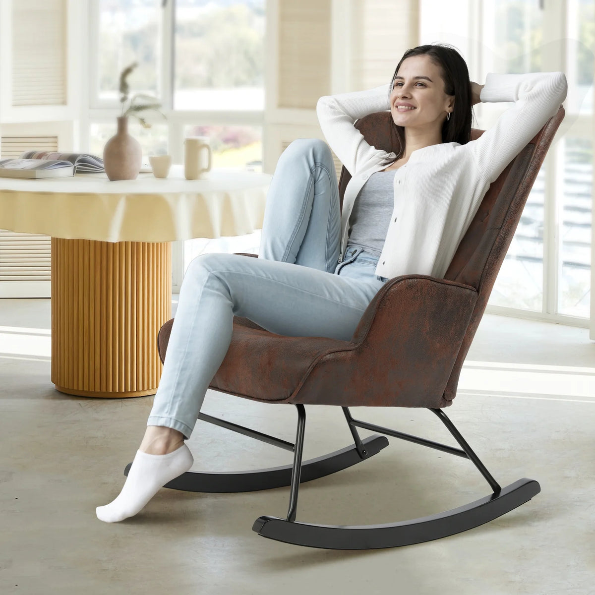 Black Upholstered Rocking Chair with Leather Padded Seat C961153