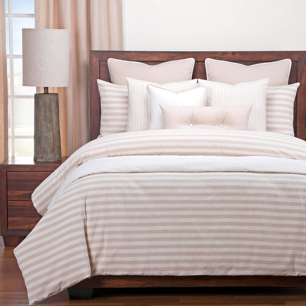 Cotton Blend Farmhouse Stripe Duvet and Shams Set (White/Tan - California King - 3 Piece) F332