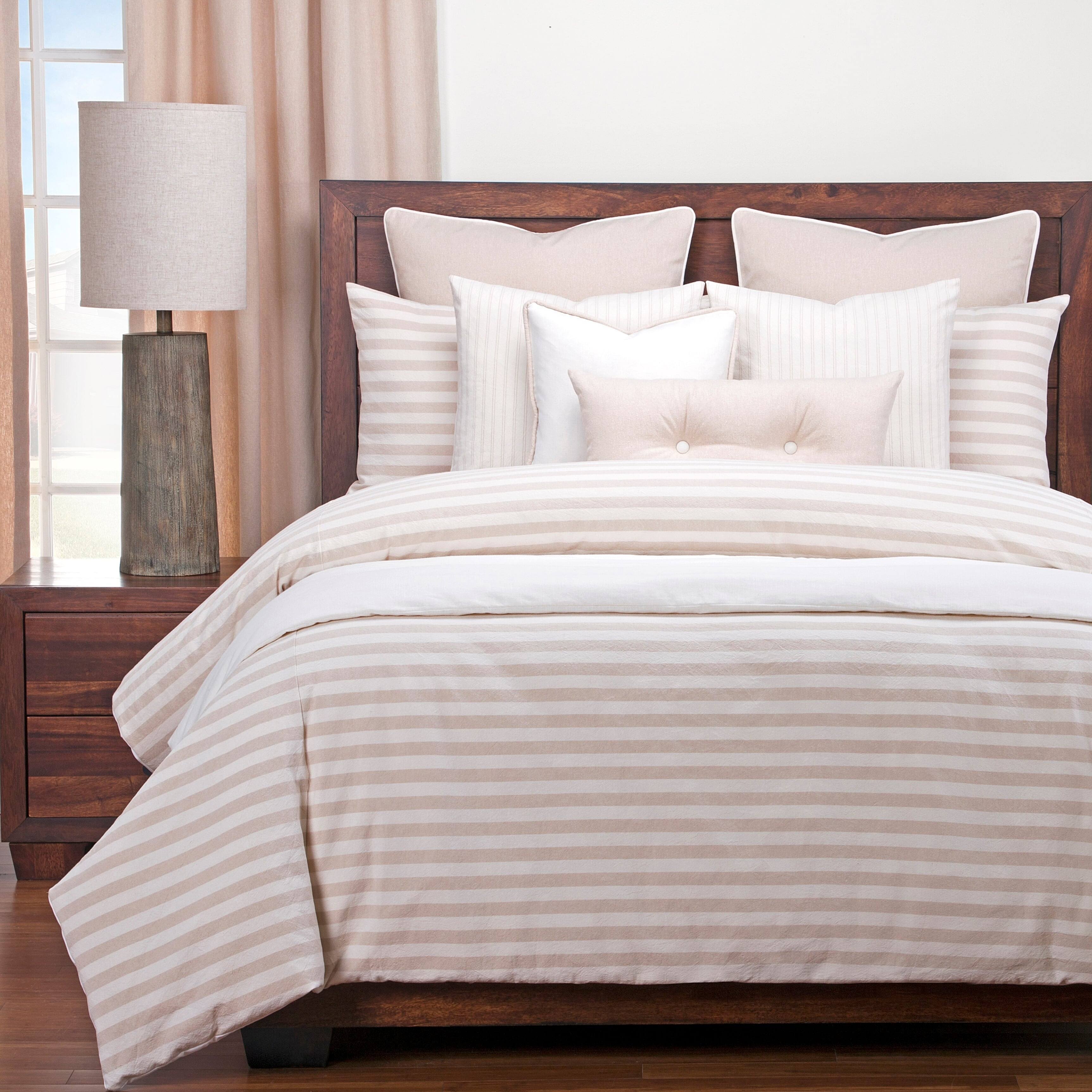 Cotton Blend Farmhouse Stripe Duvet and Shams Set (White/Tan - California King - 3 Piece) F332