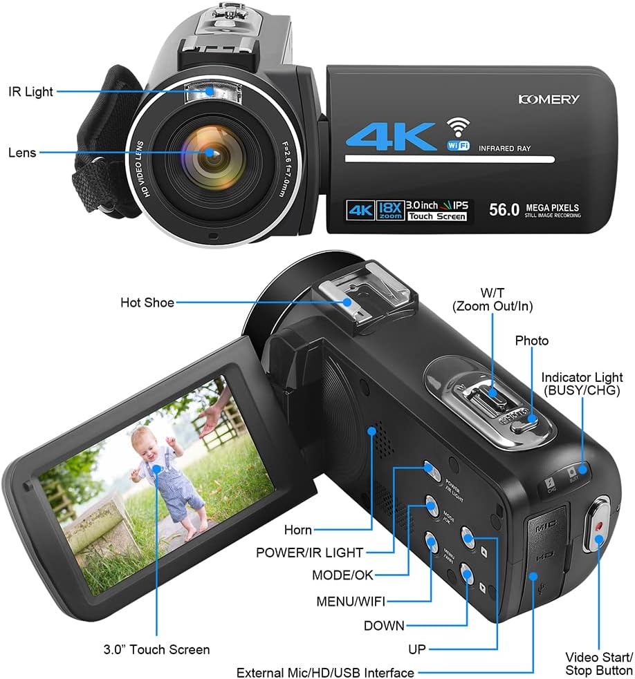 4K 56MP UHD Video Camera Camcorder with 32G SD Card IR Night Vision 18X Digital Zoom WiFi X895