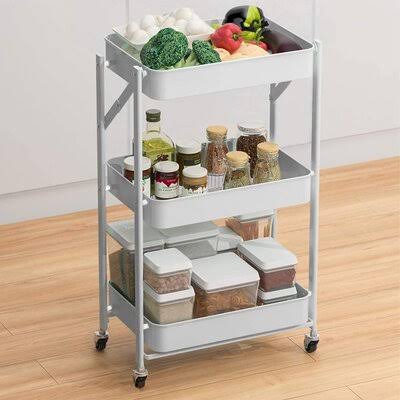 White 3 Tier Mesh Wire Rolling Kitchen Cart with Steel Top G5627