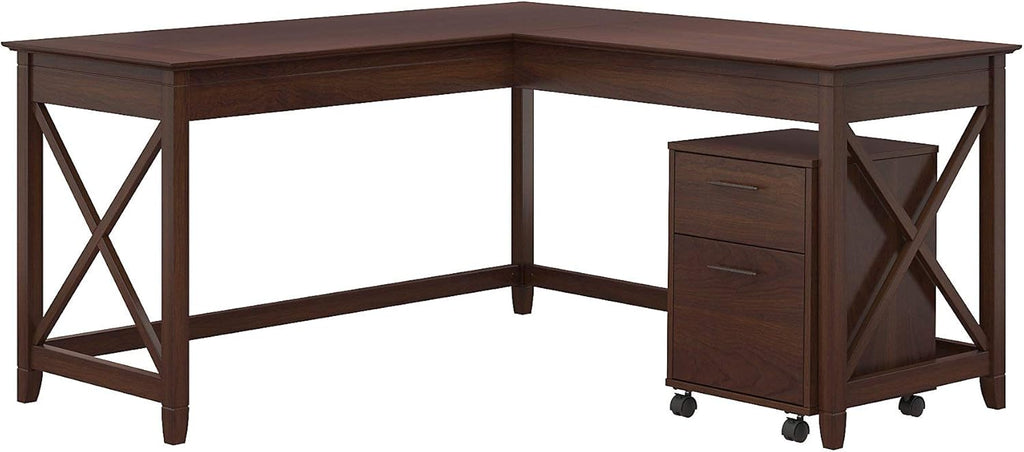 60W L Shaped Desk with 2 Drawer Mobile File Cabinet, Pure White Oak W178536