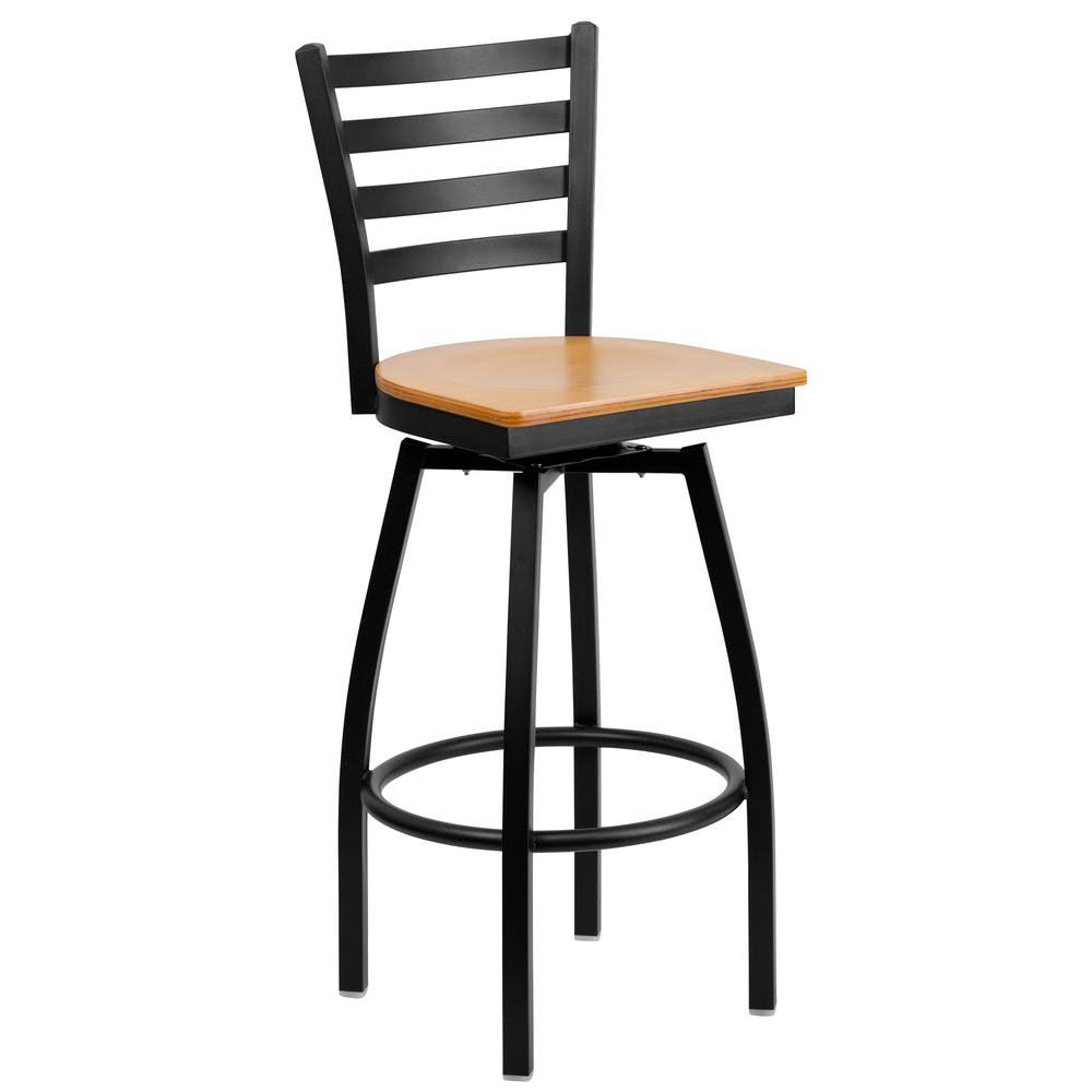 Black Ladder Back Swivel Metal Barstool with Natural Wood Seat M11969