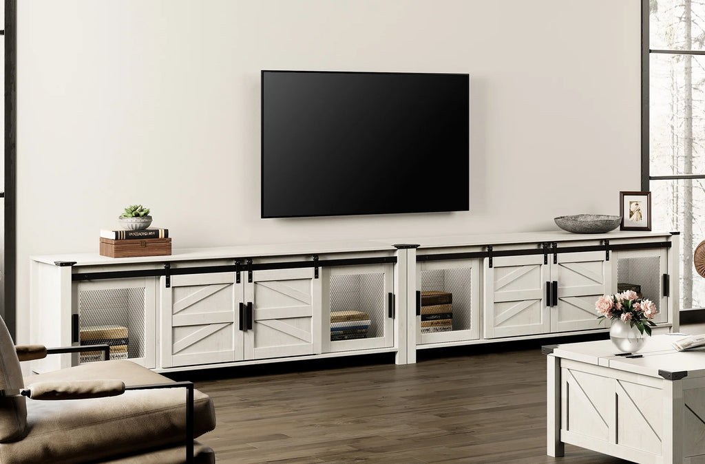 White Wood Entertainment Center for TV with Sliding Barn Door and Storage Shelf C21590