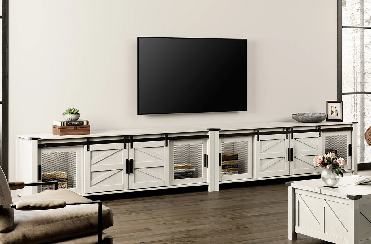 White Wood Entertainment Center for TV with Sliding Barn Door and Storage Shelf C21590